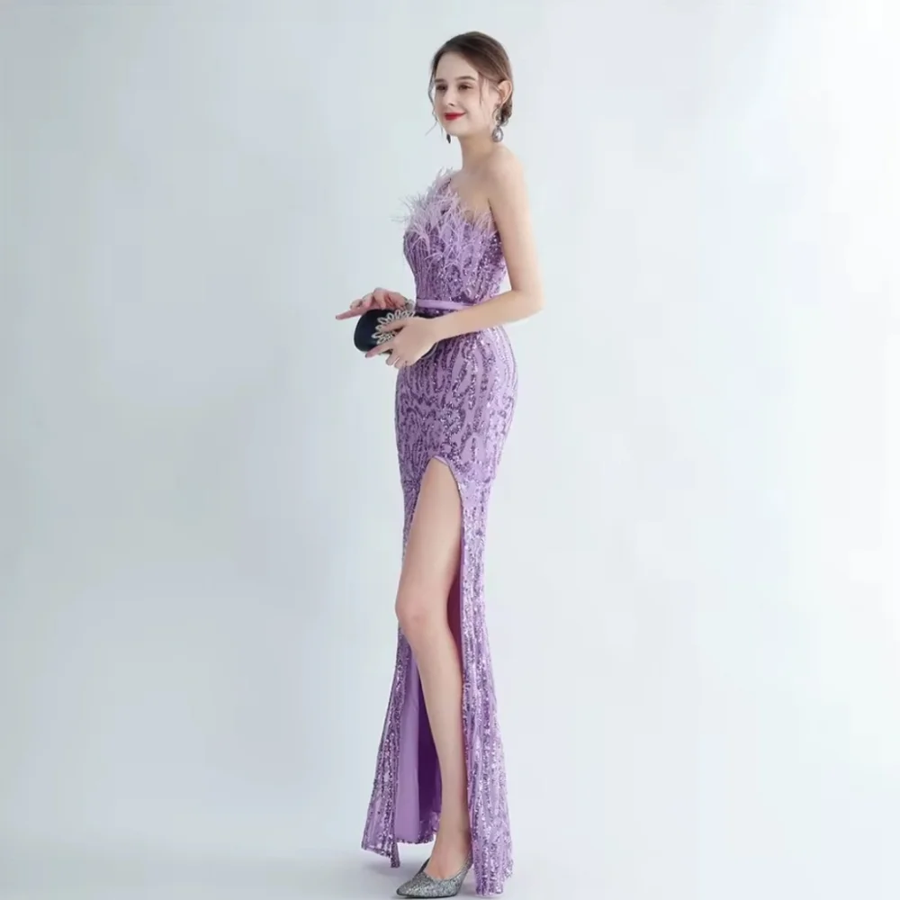 Purple, Geo Print, Assymmetrical Neck, Ostrich Feather, Beaded, Sequined Gown - Picture 14 of 16